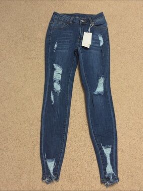 Dark Blue Distressed Skinny Jeans - Unknown Brand